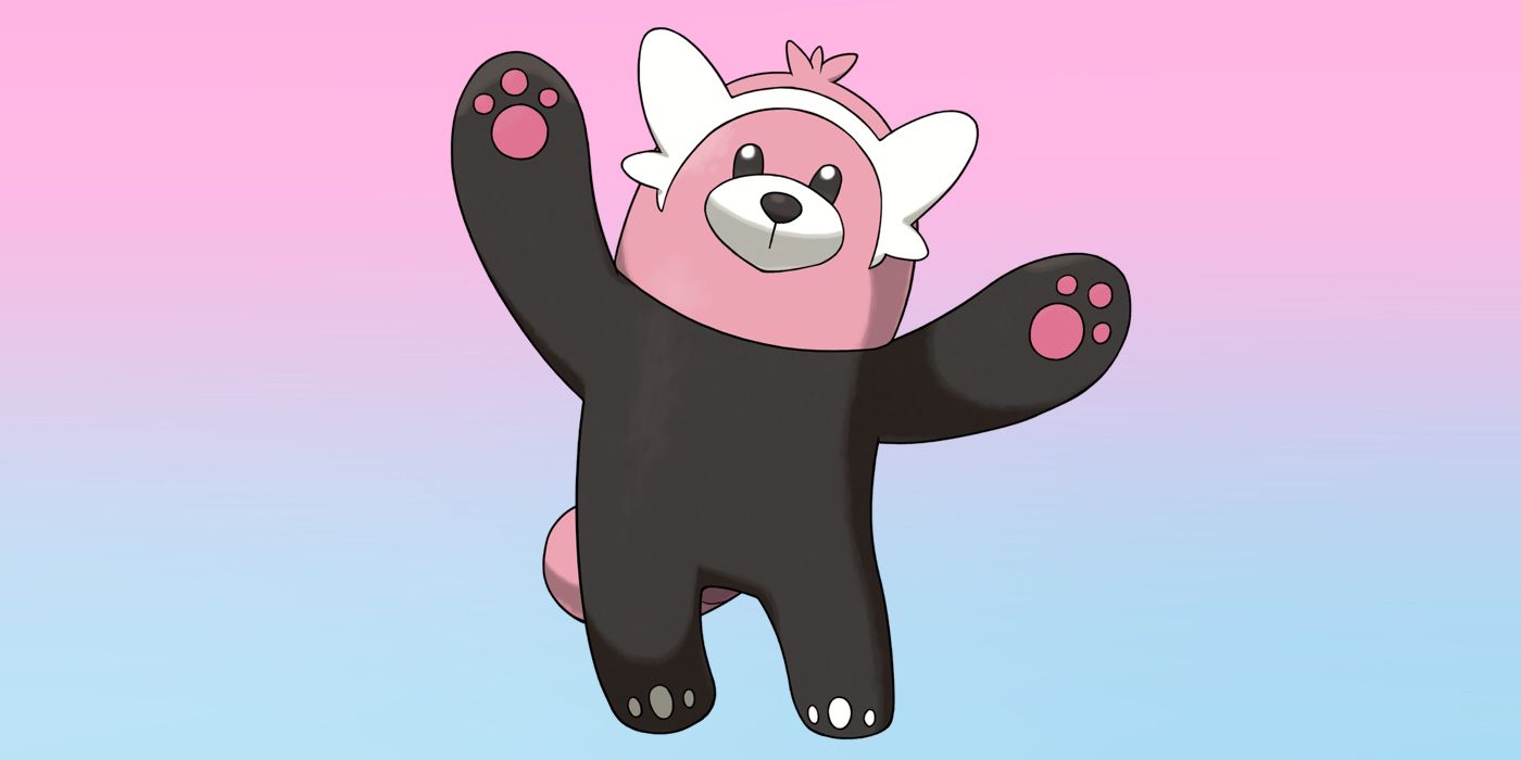 Bewear from Pokemon Sun and Moon with its paws in the air in front of a pink and blue gradiant background.