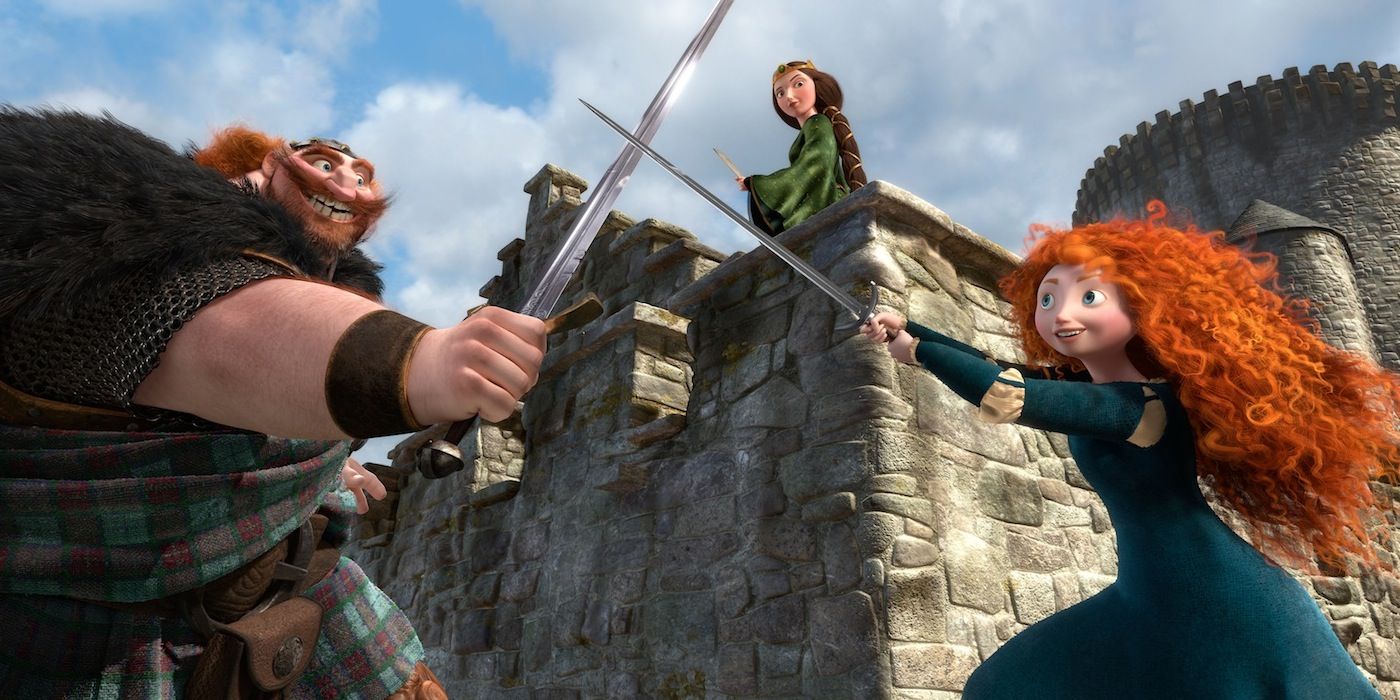 Characters playfully strike swords in Brave