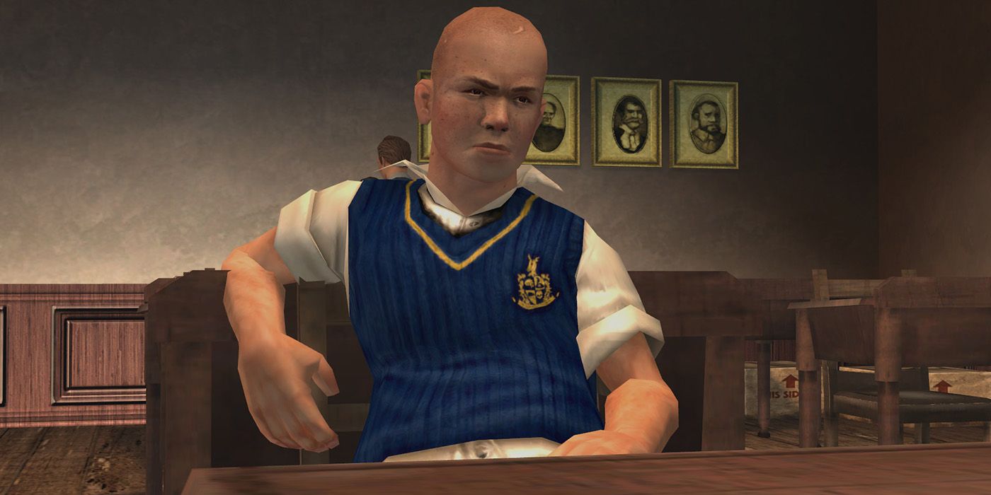 Jimmy leans back on a chair in his school uniform in a classroom in Bully