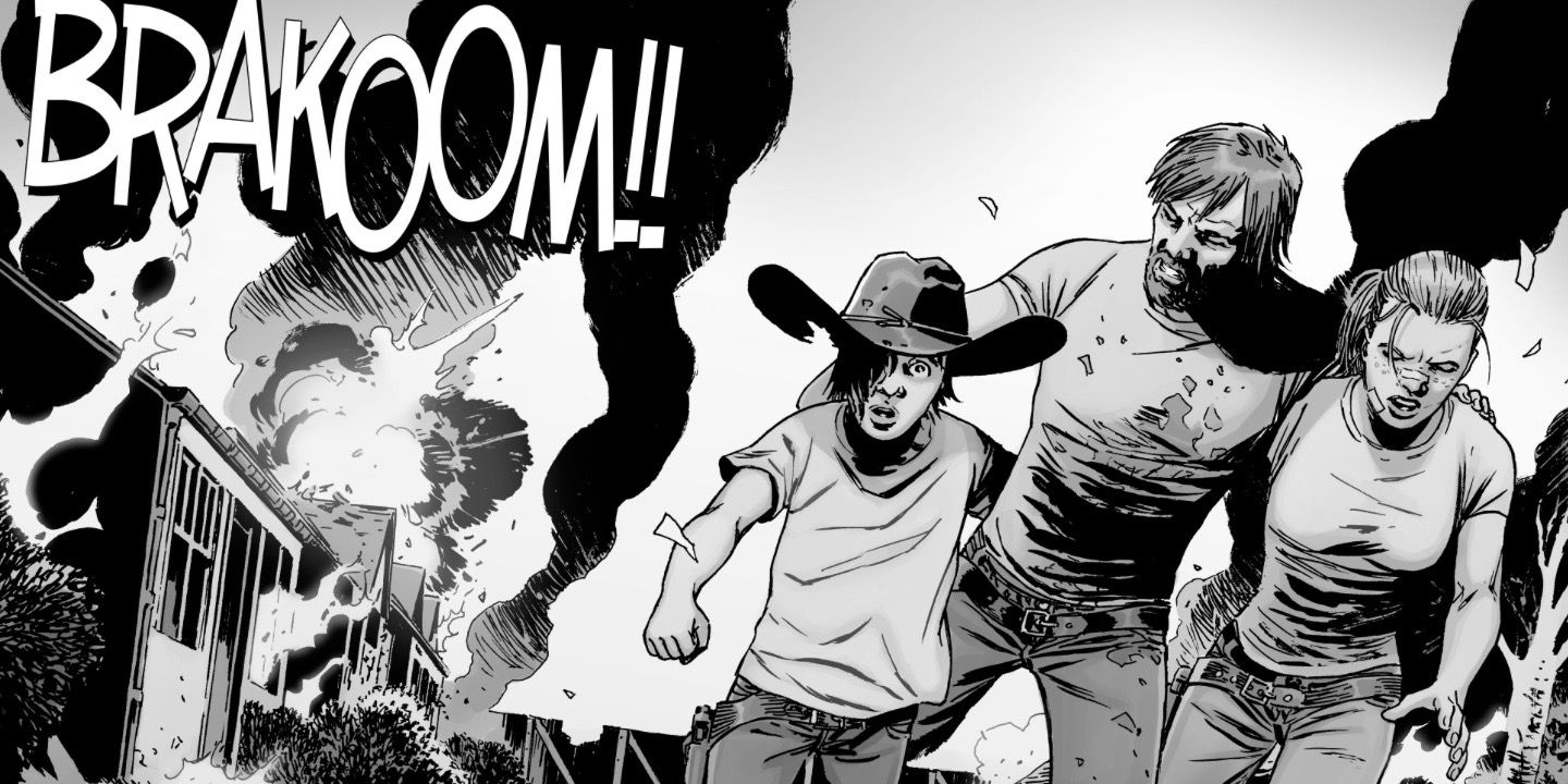 Carl, Rick and Andrea walk away from a fire in The Walking Dead Comic