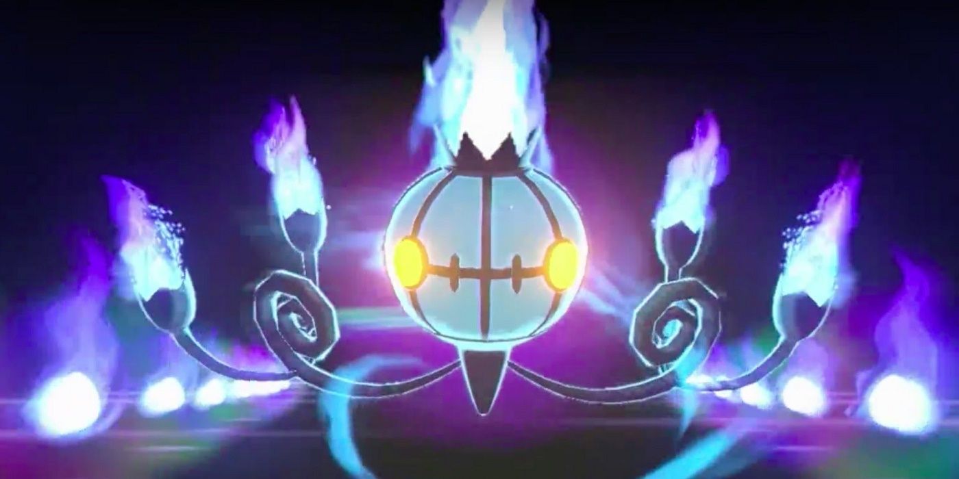 A Chandelure Pokémon, which looks like a chandelier, aglow with ghostly flames and bright yellow eyes.