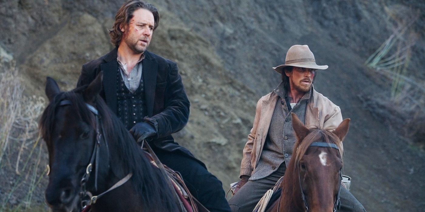 Christian Bale and Russell Crowe on horseback in 3:10 to Yuma