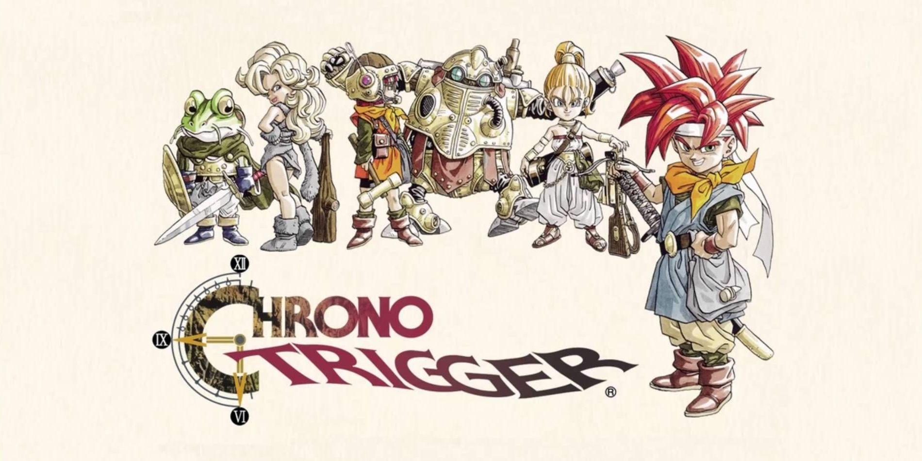 Arte chave de Chrono Trigger OST com o herói e seu elenco de apoio.