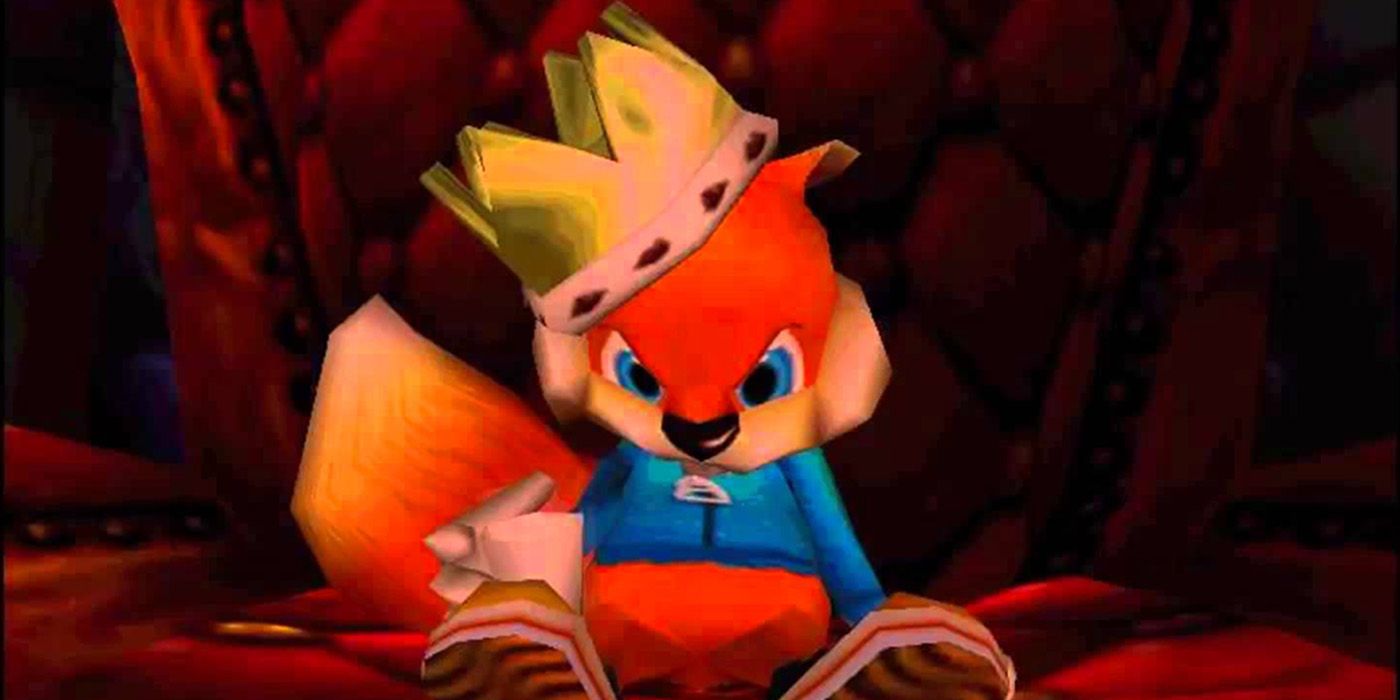 Conker on his throne in Conker's Bad Fur Day