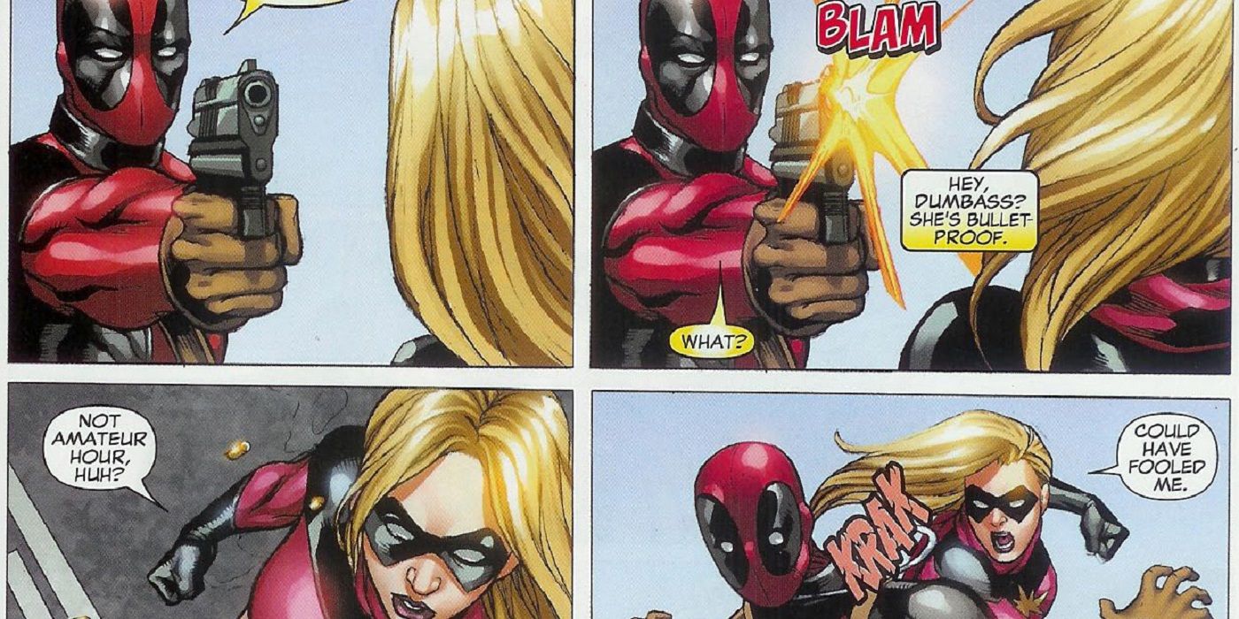 Deadpool shooting Moonstone as Ms. Marvel