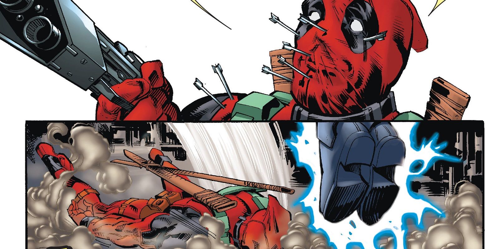 Deadpool fires tranquilizer darts at Cable during Marvel Civil War
