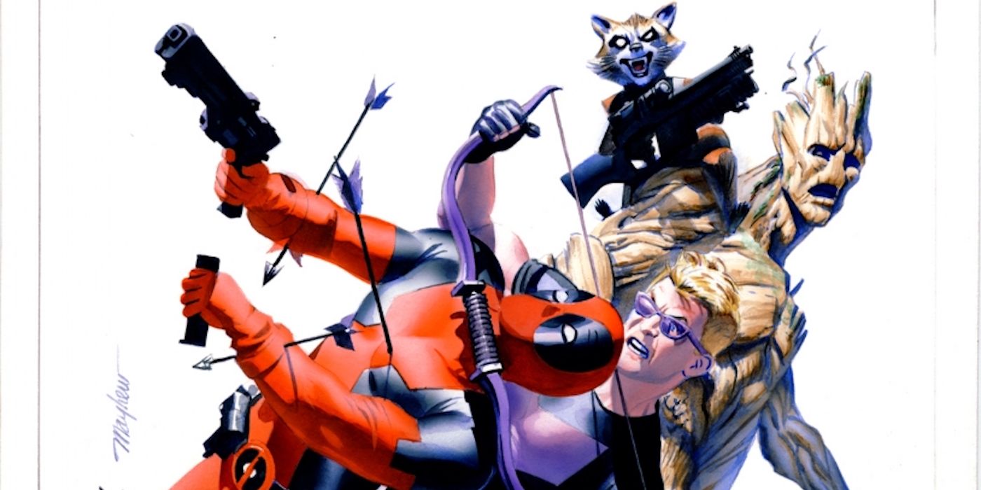 Deadpool fights Hawkeye as Rocket and Groot look on in Marvel Comics.