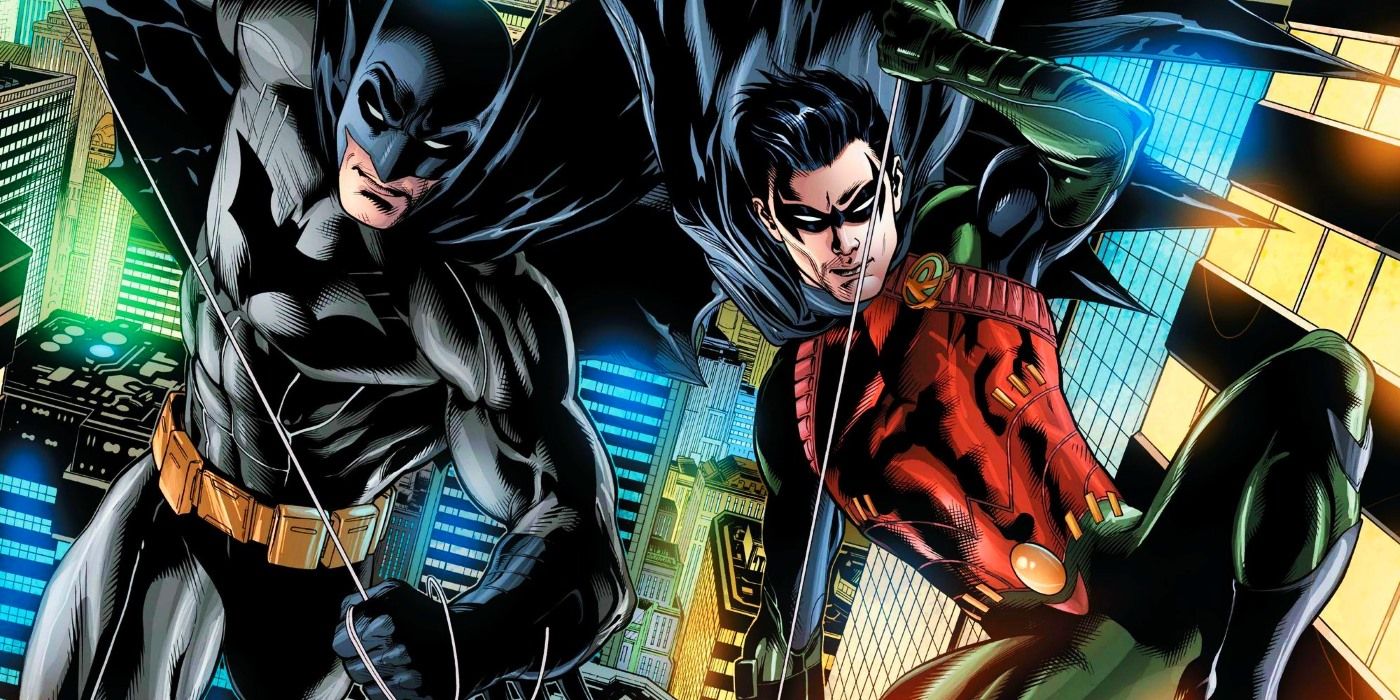 Dick Grayson as Robin and Batman swing over Gotham