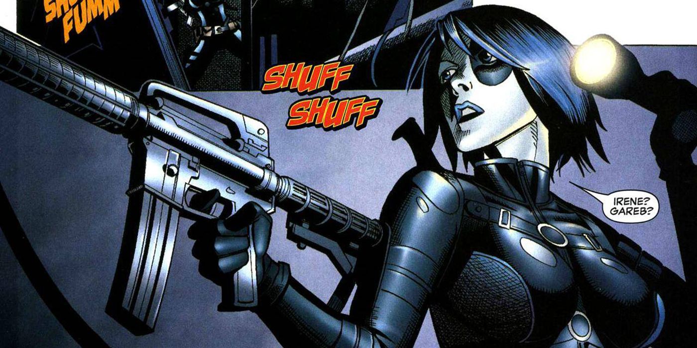 Domino fires a machine gun in Marvel Comics.