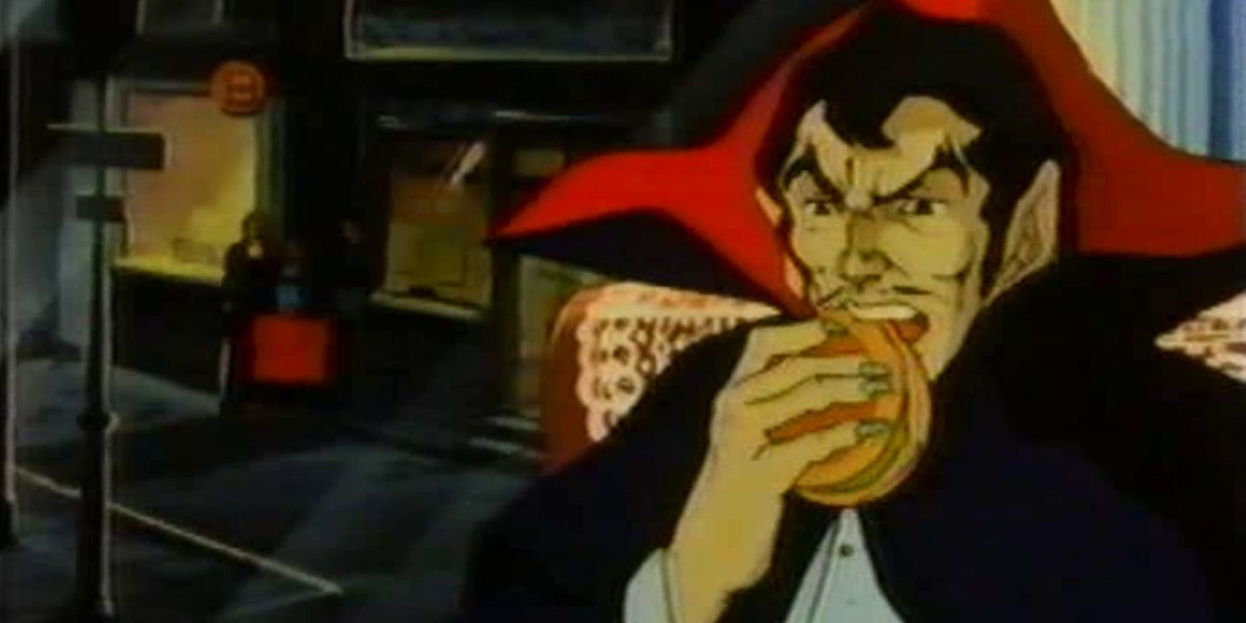 Dracula eating a hamburger in Dracula Sovereign of the Damned