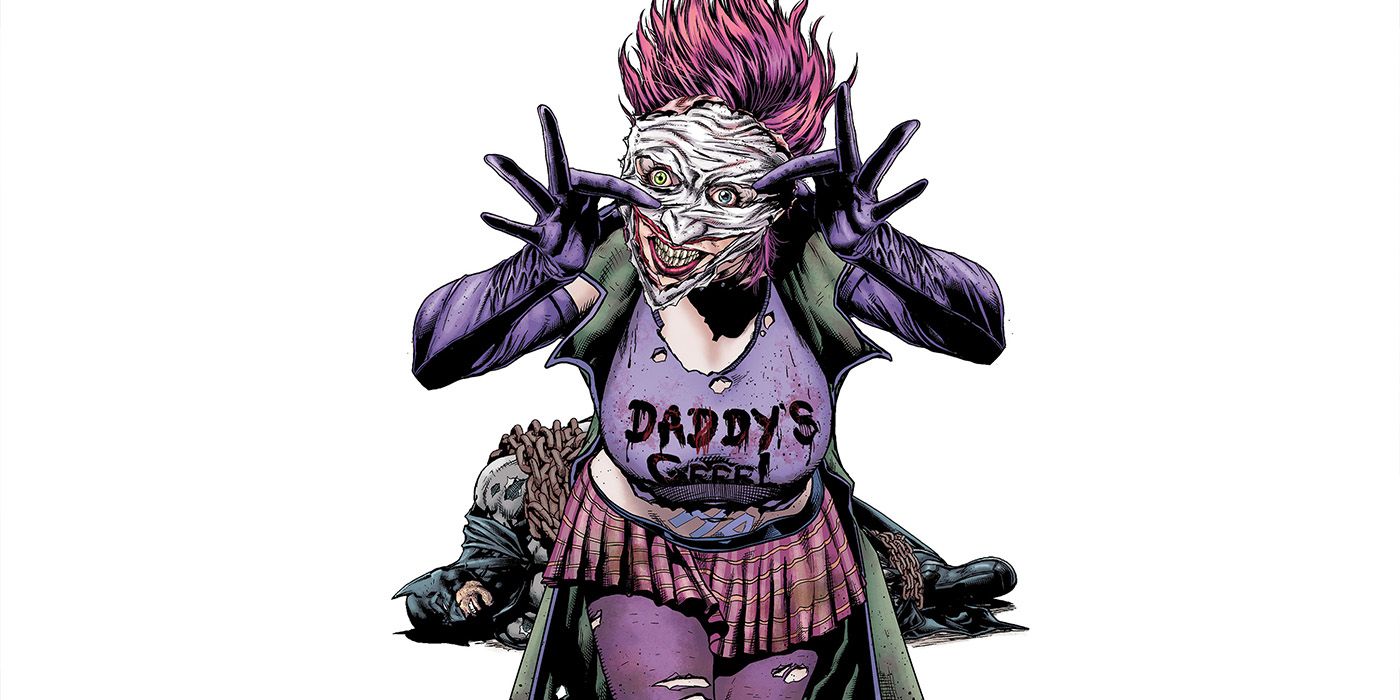 Duela Dent looking at the viewer while Batman lies on the floor behind her in DC Comics.