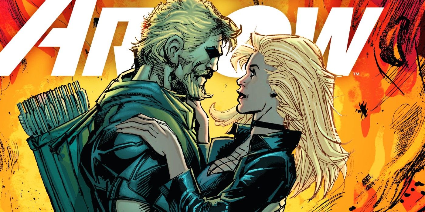 Green Arrow and Black Canary embracing each other in DC comics.