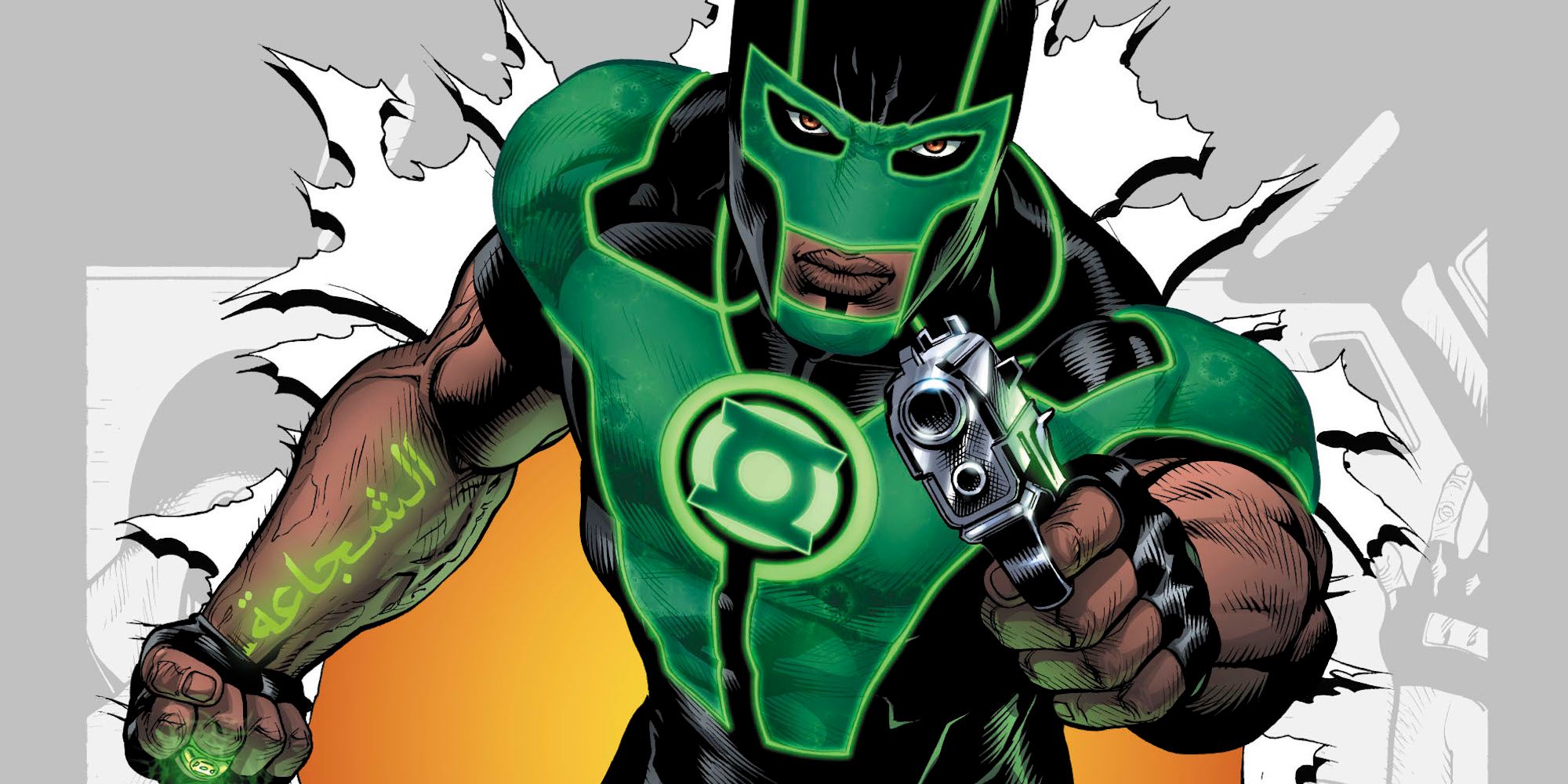 Green Lantern Simon Baz with a gun
