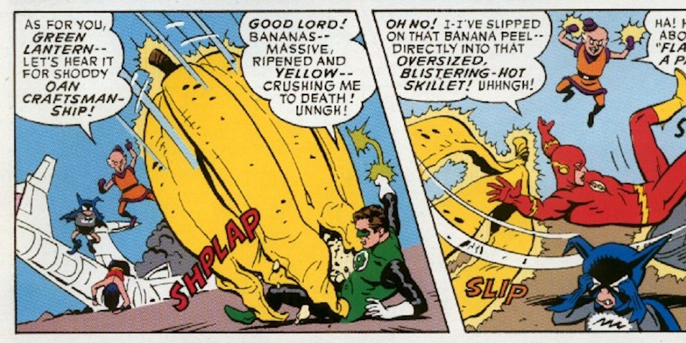 Mr. Mxyzptlk takes out Green Lantern and The Flash with bananas