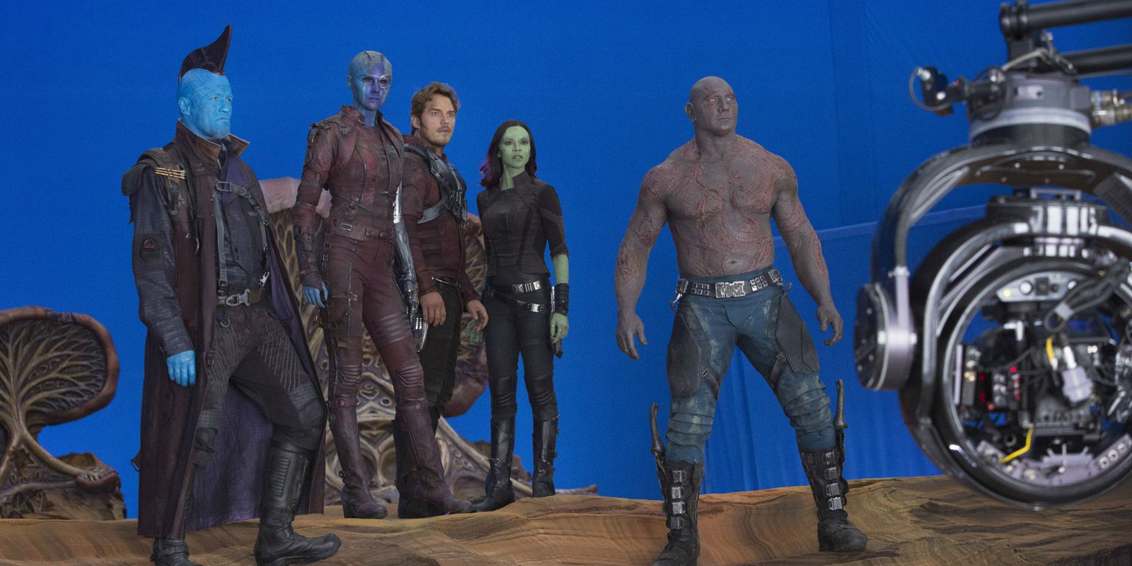 Guardians of the Galaxy 2 BTS Set Photo - Yondu Nebula with Team banner