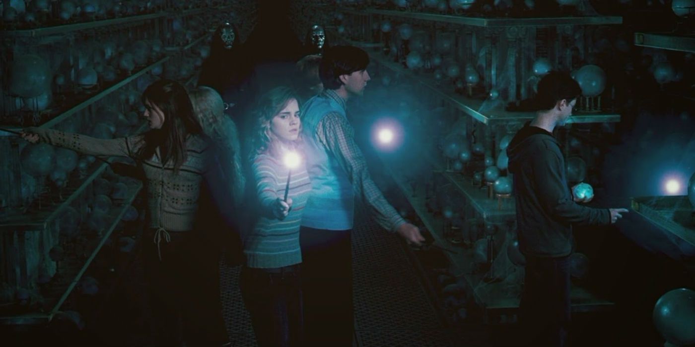 Harry Ron Hermione Neville Luna and Ginny at the Department of Mysteries
