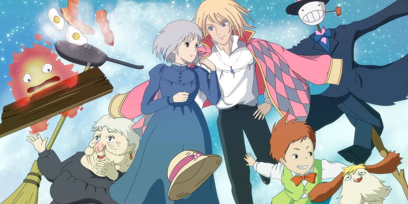 All the characters of Howl's Moving Castle against the backdrop of a blue sky