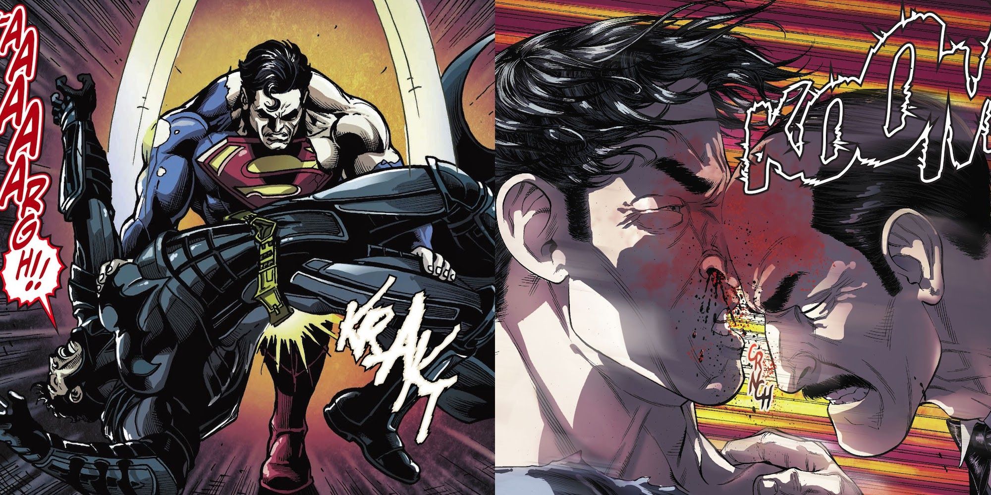 Injustice comic - Superman breaks Batman's back and Alfred headbutts Superman