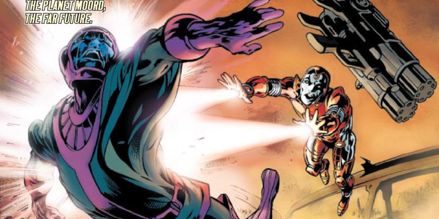 Iron Lad blasts Kang in Marvel Comics.