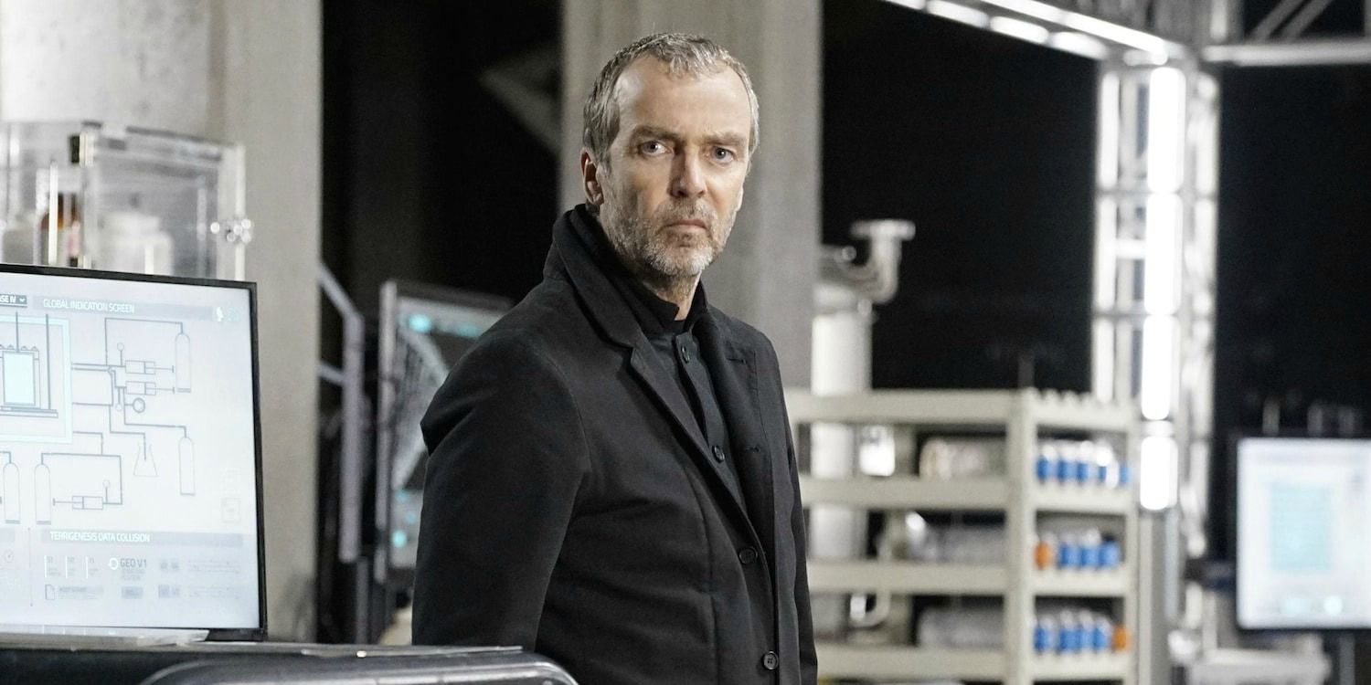 Dr. Holden Radcliffe stares at an office invader in Marvel&rsquo;s Agents of SHIELD