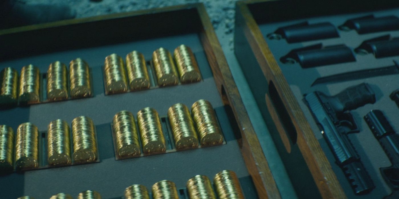Coins and Guns in boxes in John Wick