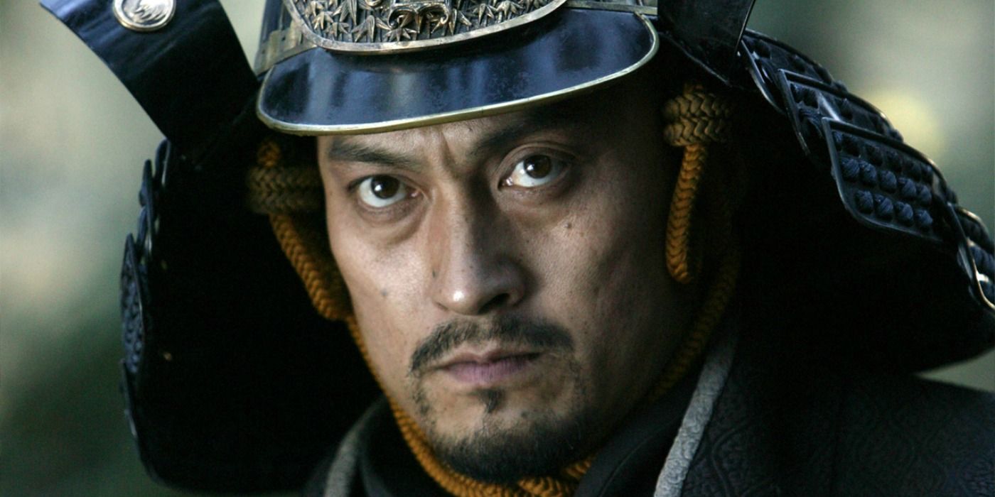 Lord Moritsugu Katsumoto looking intense in armor in The Last Samurai