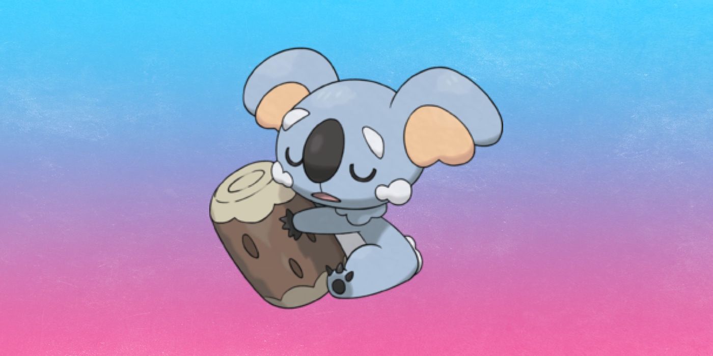 Komala from Pokemon Sun and Moon on a blue and purple background