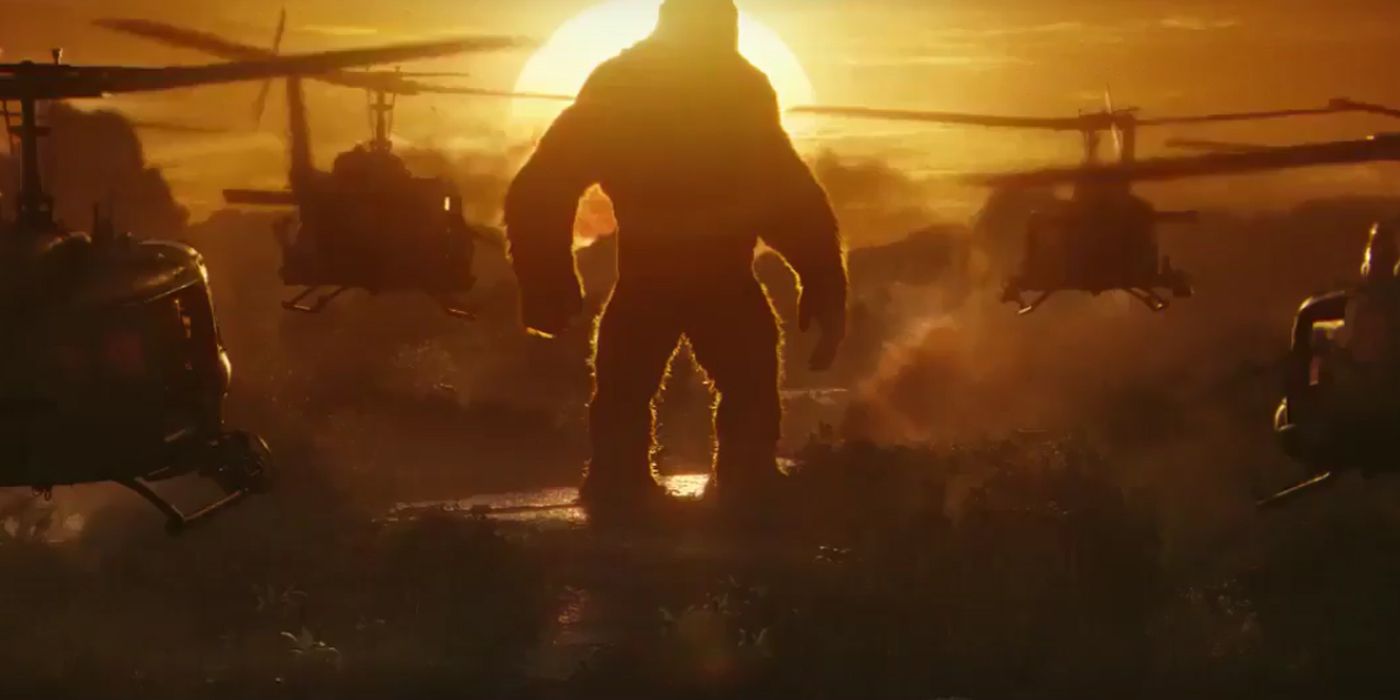 King Kong stands in front of the sunset in Kong Skull Island