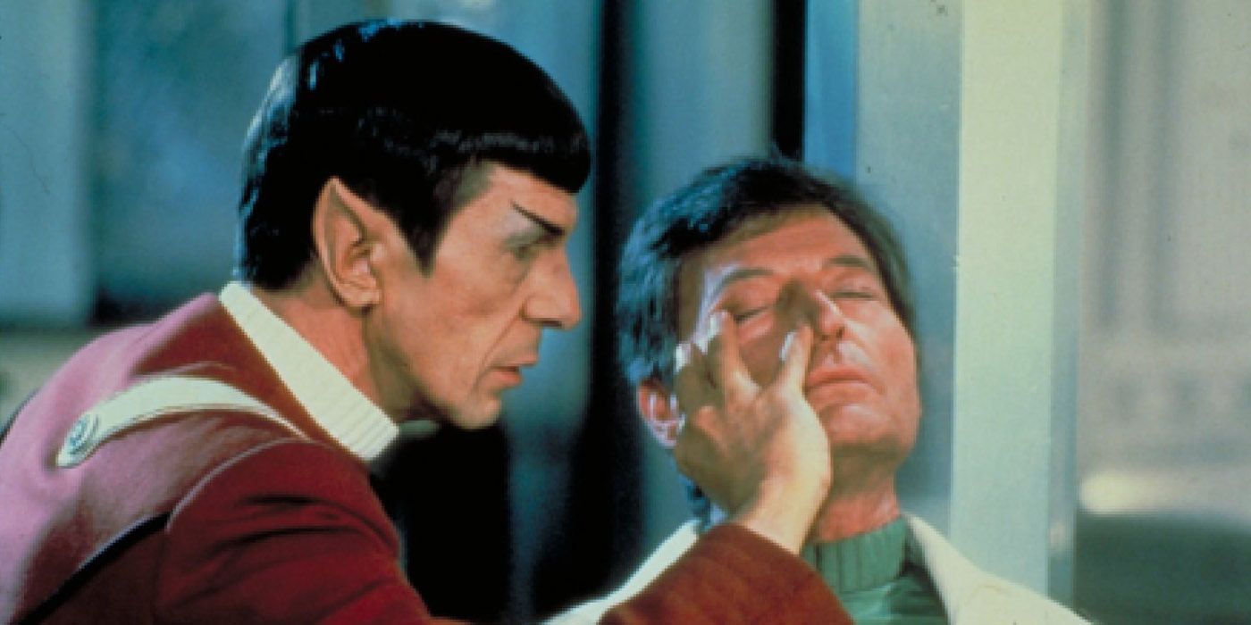 Leonard Nimoy as Spock and DeForest Kelley as Dr. Bones McCoy in Star Trek II The Wrath of Khan