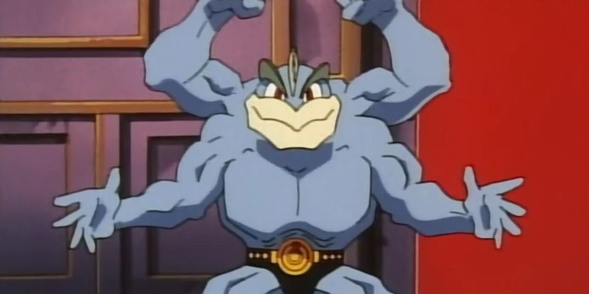 Machamp flexes its four arms in the Pokemon anime.