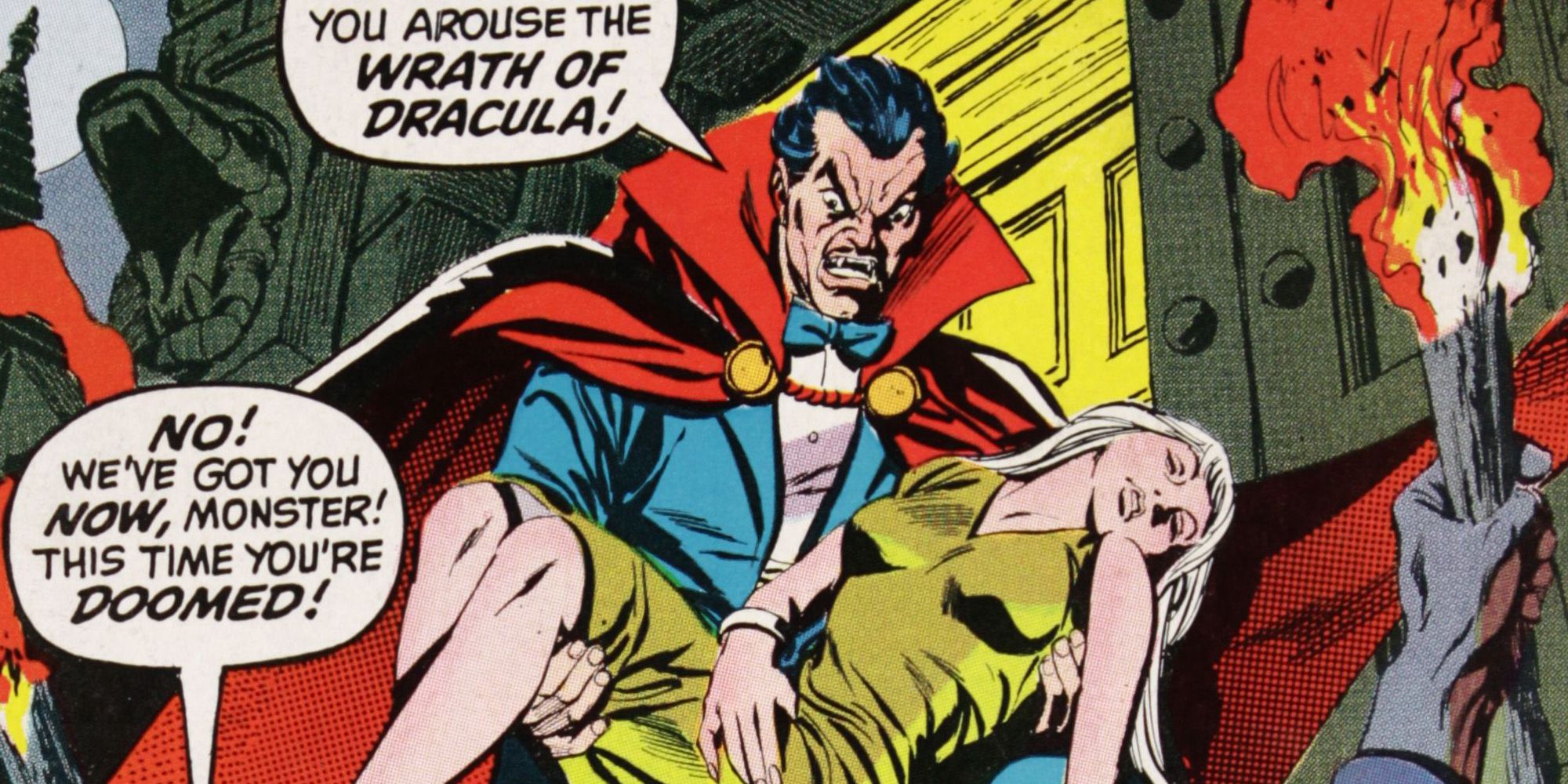 Drácula ameaça uma multidão enquanto carrega uma mulher inconsciente na Marvel Comics.
