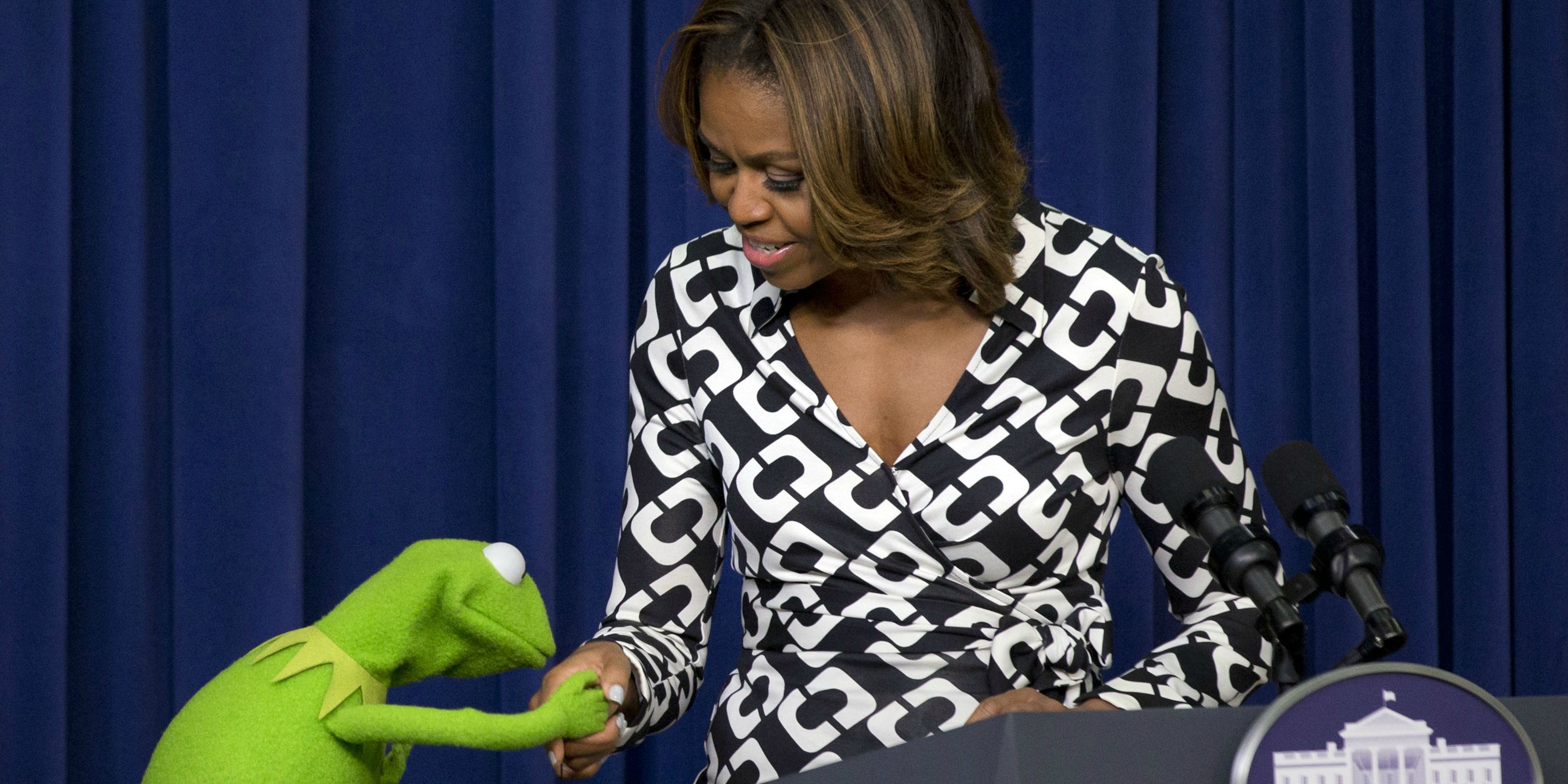 Kermit the Frog shaking hands with Michelle Obama