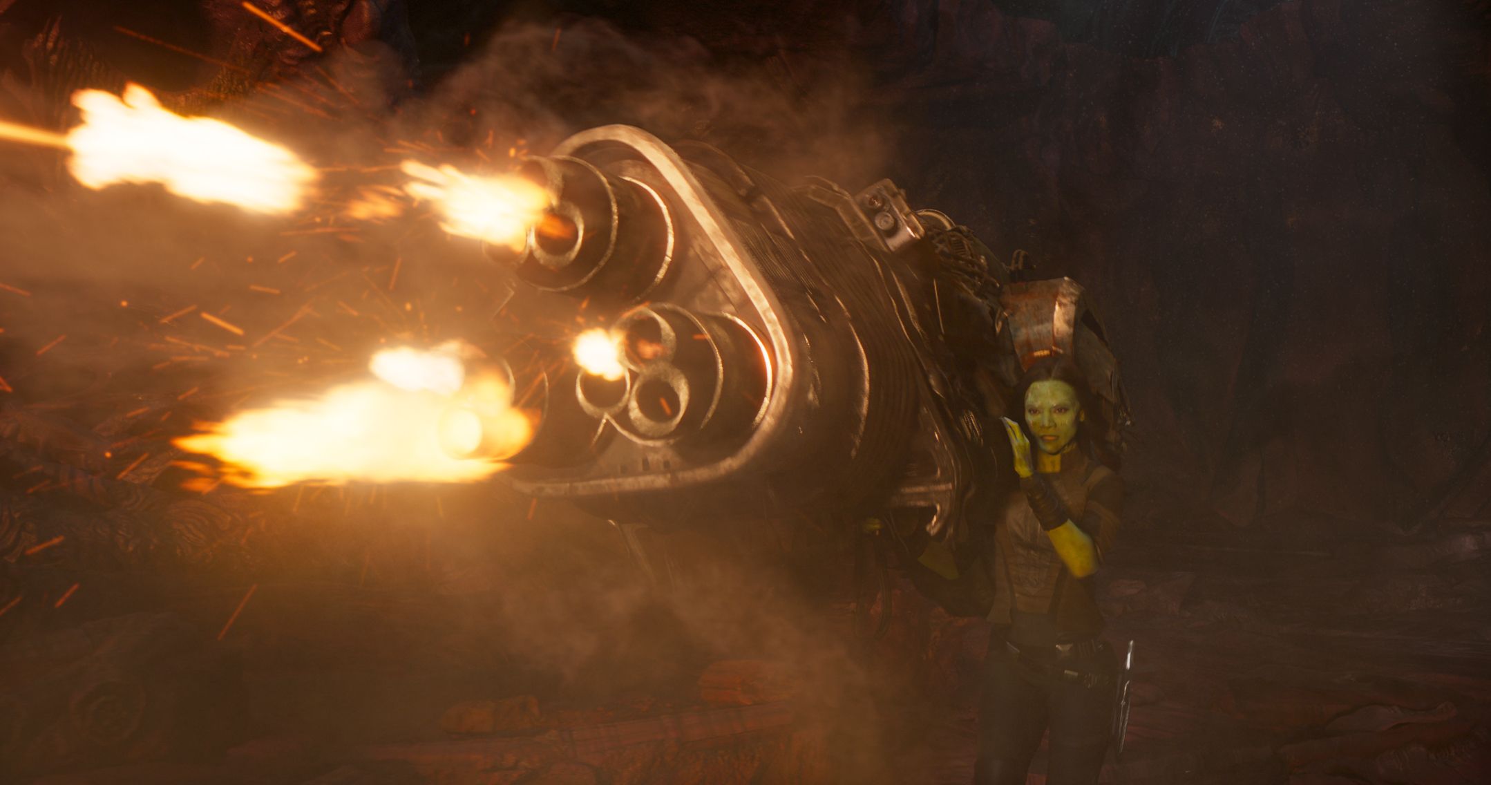 Gamora uses a gun larger than she is in Guardians Of The Galaxy Volume 2
