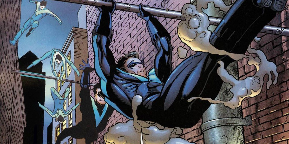 Nightwing doing Acrobatics around Blüdhaven in DC Comics