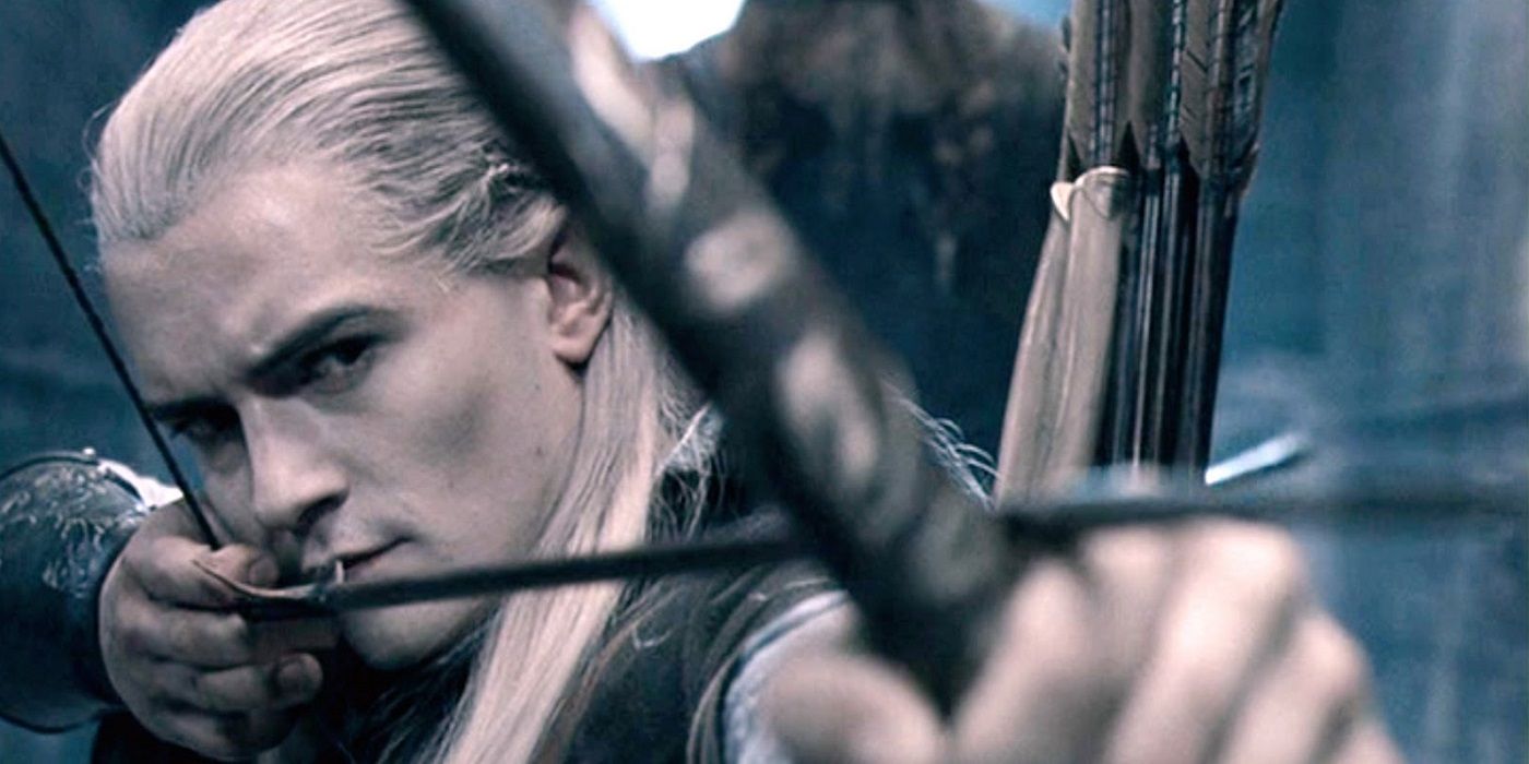 Orlando Bloom as Legolas Greenleaf notches an arrow in The Lord of the Rings Fellowship of the Ring Bow