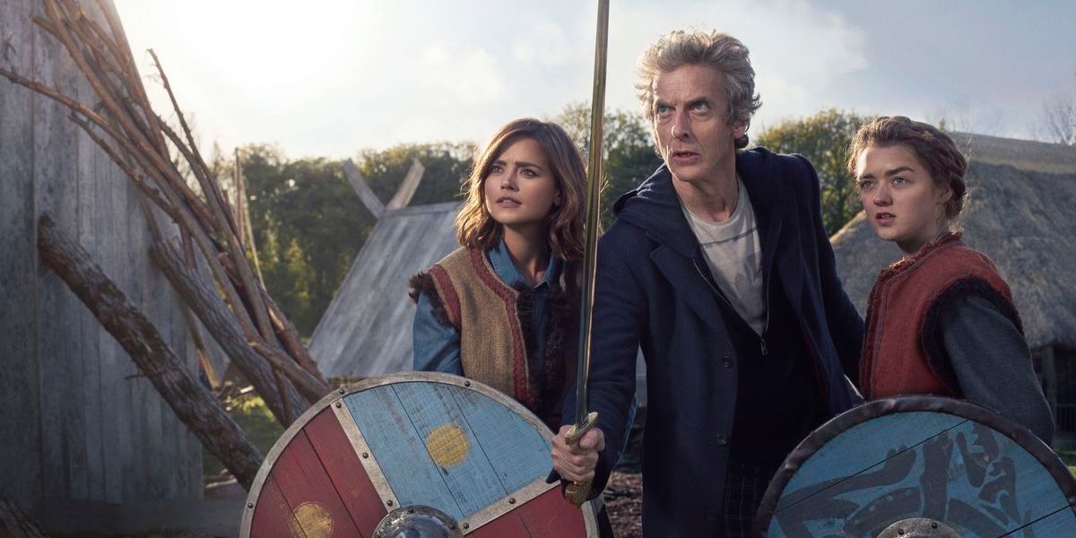 Peter Capaldi Jenna Coleman and Maisie Williams in Doctor Who