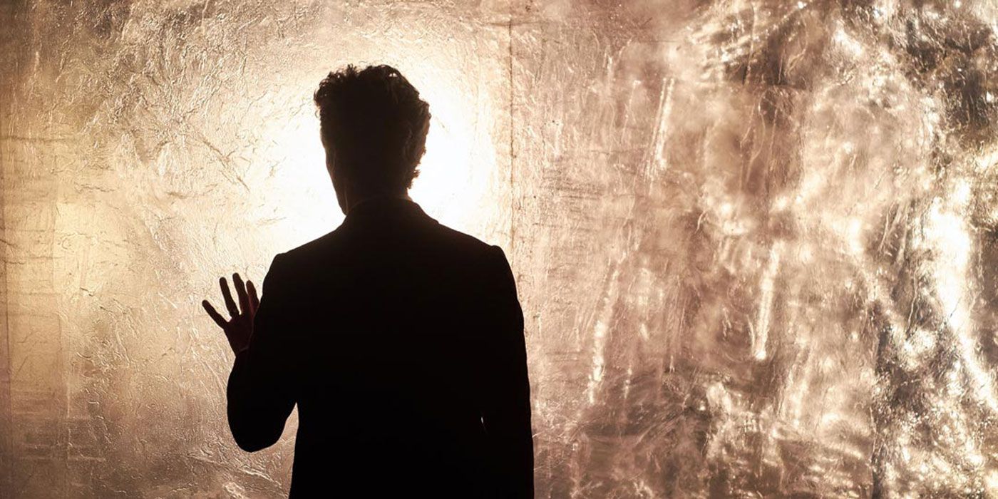 The Twelfth Doctor silhouette in front of the diamond wall in Heaven Sent in Doctor Who