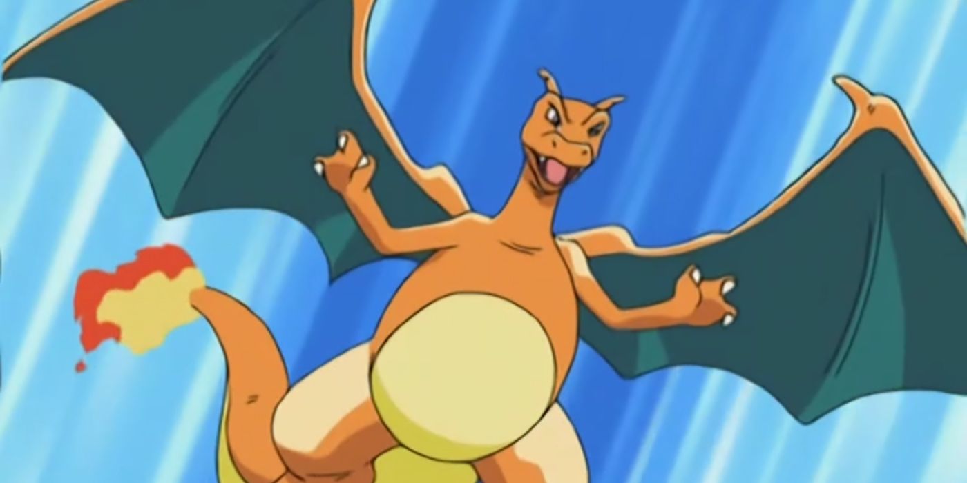 Charizard leaps to attack in the Pokemon anime.