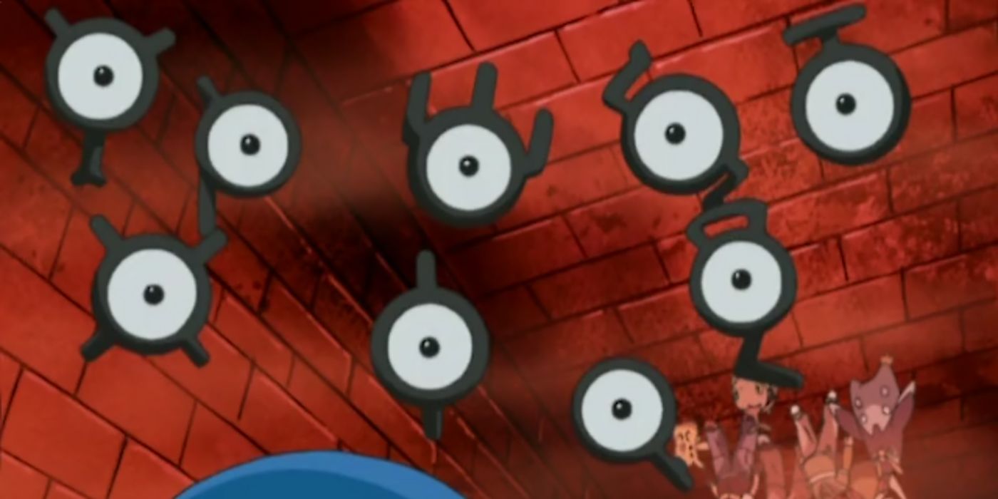 A group of Unown appear in their various forms in Pokemon