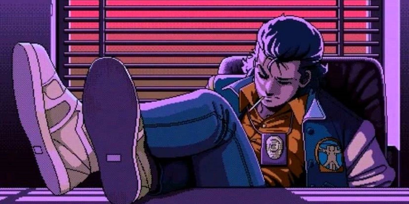 A guy with a cigarette in his moth puts his legs on the desk in Policenauts.