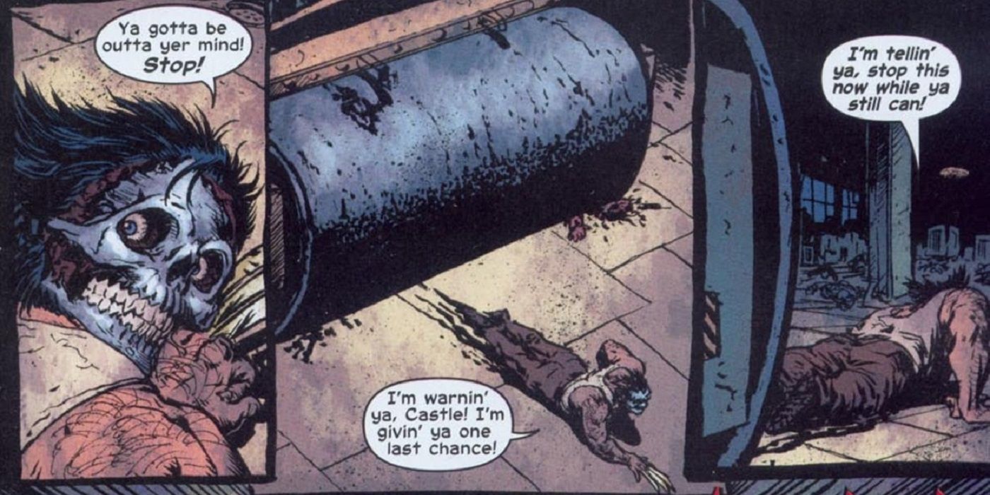 The Punisher uses a steamroller to crush Wolverine