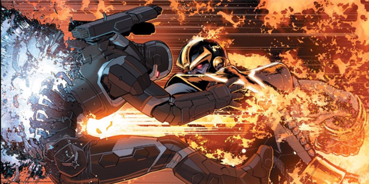 An image of War Machine being punched by Thanos in the chest, killing him
