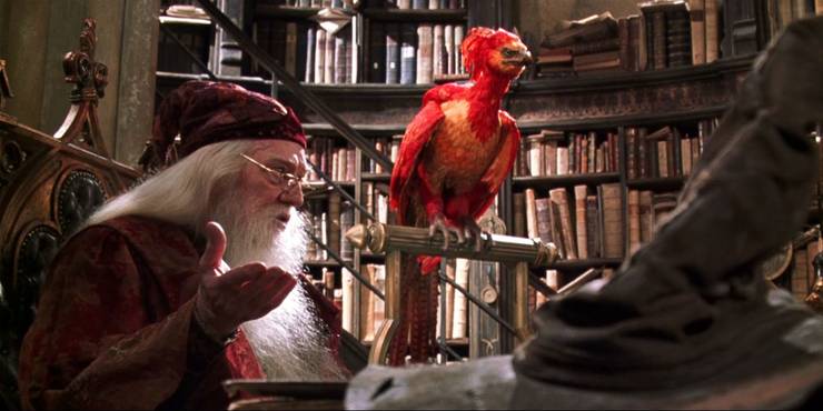 Richard Harris jako Dumbledore z Fawkesem Feniksem w Harrym Potterze