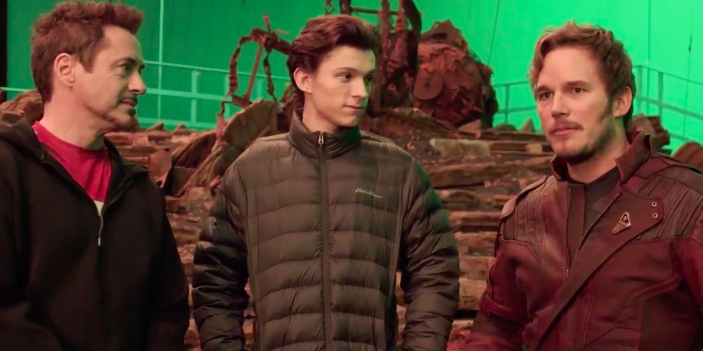 Robert Downey Jr, Tom Holland, and Chris Pratt on Avengers: Infinity War set