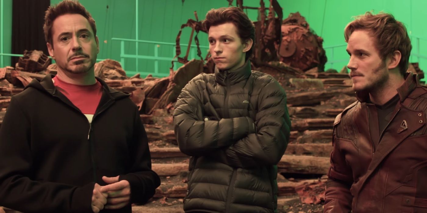 Robert Downey Jr, Tom Holland, and Chris Pratt on set of Avengers Infinity War