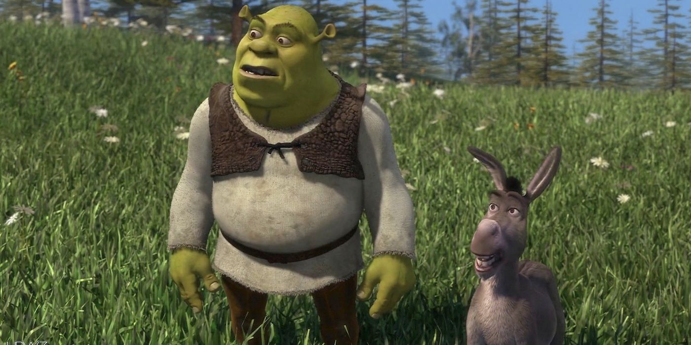 Shrek and Donkey walking through a field