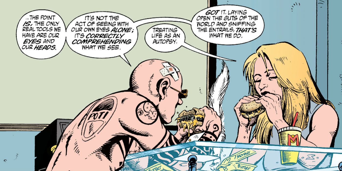 Spider Talks to Channon and Eats a Hamburger in Transmetropolitan
