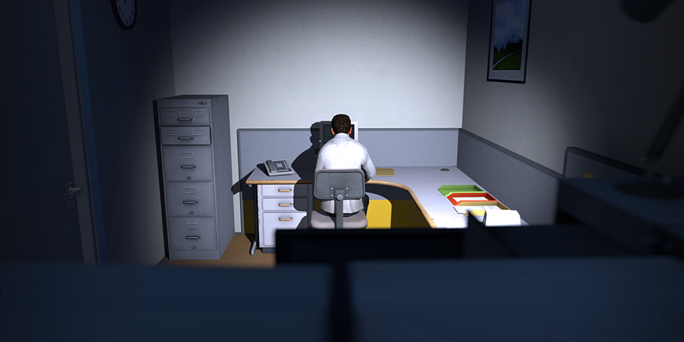 A man at his desk in Stanley Parable