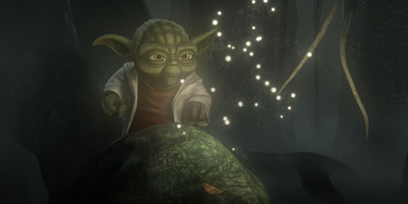 Yoda talks to the spirit of Qui-Gon Jinn on Dagobah in Star Wars: The Clone Wars