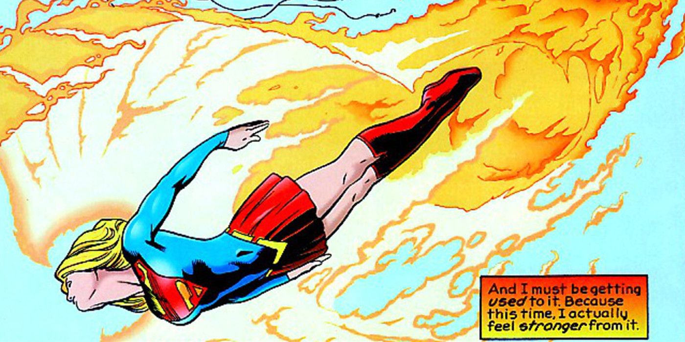 Supergirl as Earth-born Angel flying with fire wings